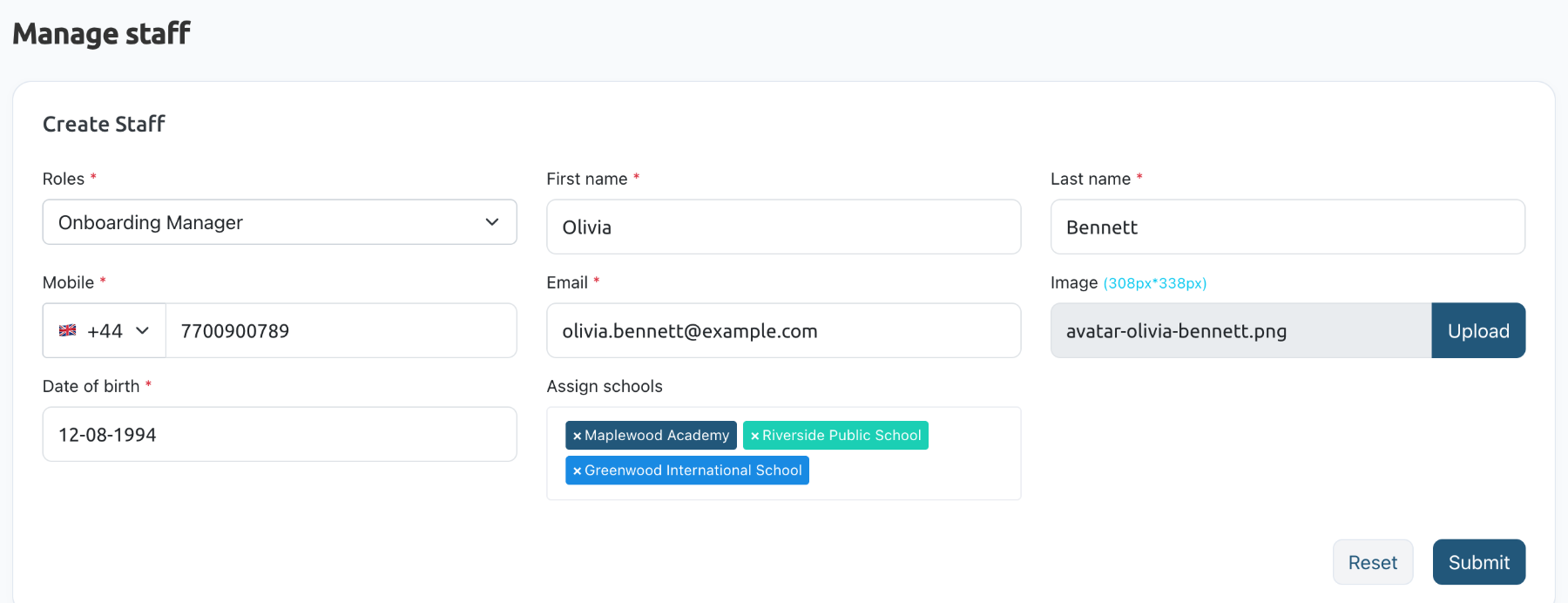 Create Staff form